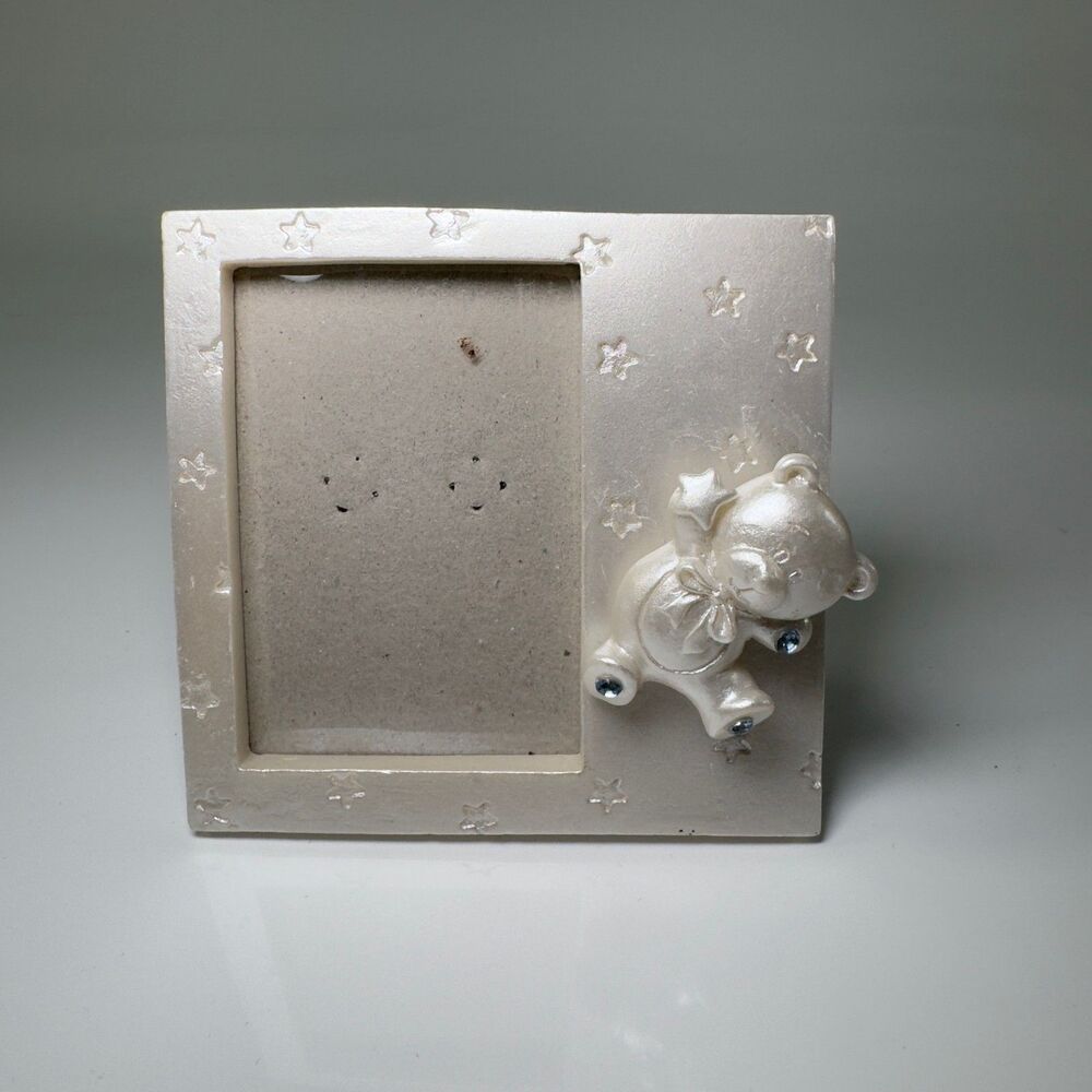 Baby Picture Frame Silver Teddy Bear Stars 3.5" x 4" Frame Holds Wallet Print